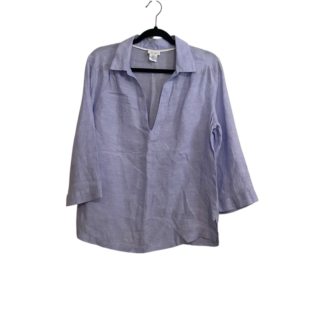 Sigrid Olsen Sz Medium Light Blue Jean Chambray Linen Blouse Tunic Shirt Top